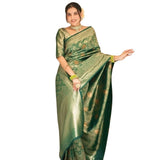 Green silk printed saree with unstitched blouse (5.5Mtr) on clothing rack