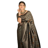 Black silk printed saree with unstitched blouse (5.5Mtr) on mannequin