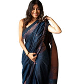 Navy Blue silk printed saree with unstitched blouse, 5.5mtr length on model