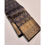 Navy blue silk printed saree with unstitched blouse (5.5mtr), elegant Indian women's wear on mannequin