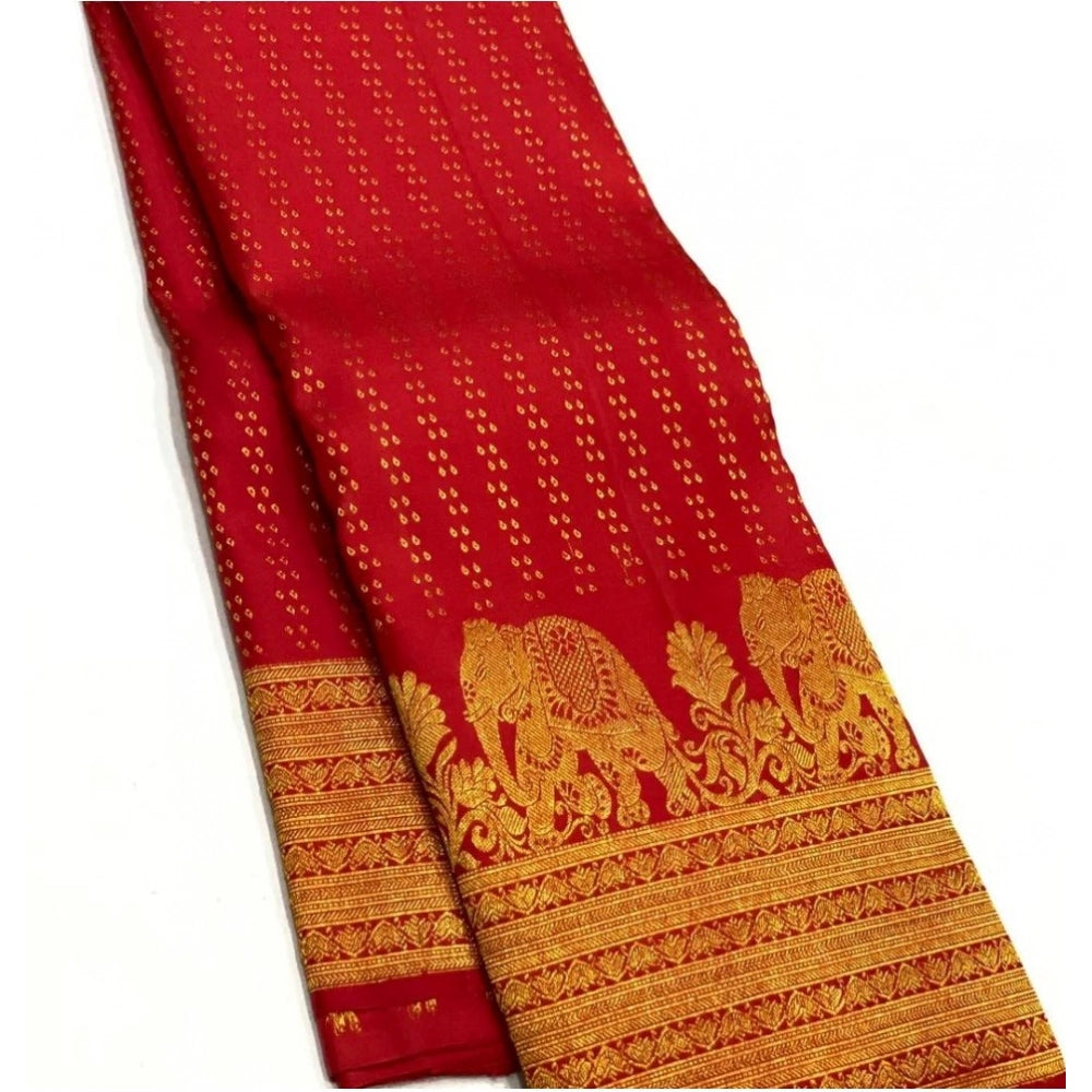 Red silk printed saree with unstitched blouse, 5.5mtr length on mannequin for Indian women's fashion