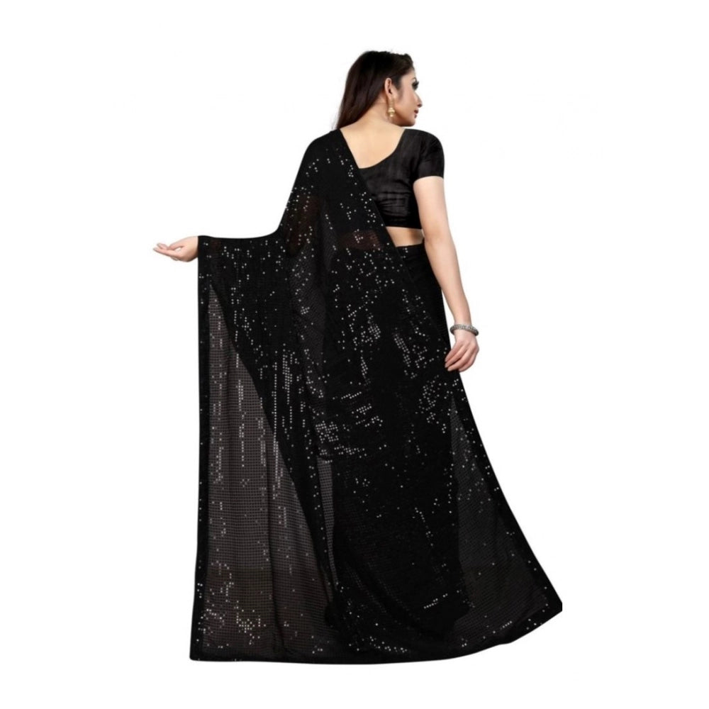 Black embellished sequin Georgette Bollywood saree with unstitched blouse, traditional Indian fashion accessory on display