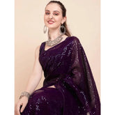 Women's Georgette Embellished Sequnece Bollywood Saree With Unstitched Blouse 5.5Mtr (Purple)