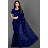 Women's Georgette Embellished Sequnece Bollywood Saree With Unstitched Blouse 5.5Mtr (Blue)