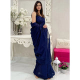 Women's Georgette Embellished Sequnece Bollywood Saree With Unstitched Blouse 5.5Mtr (Blue)