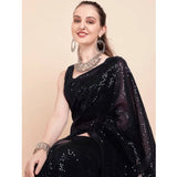 Women's Georgette Embellished Sequnece Bollywood Saree With Unstitched Blouse 5.5Mtr (Black)
