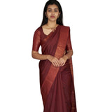 Maroon silk printed saree with unstitched blouse, intricate design on display
