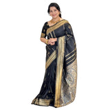 Black silk printed saree with unstitched blouse, 5.5mtr length on model