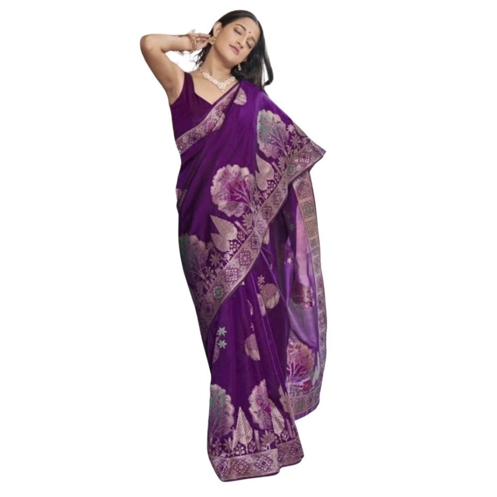 Purple silk printed saree with unstitched blouse (5.5mtr), luxurious Indian women's wear for special occasions