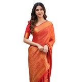 Orange silk printed saree with unstitched blouse (5.5mtr), luxurious Indian wear on mannequin