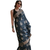 Black silk printed saree with unstitched blouse (5.5mtr) on model