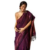 Women's wine silk printed saree with unstitched blouse, vibrant design on display