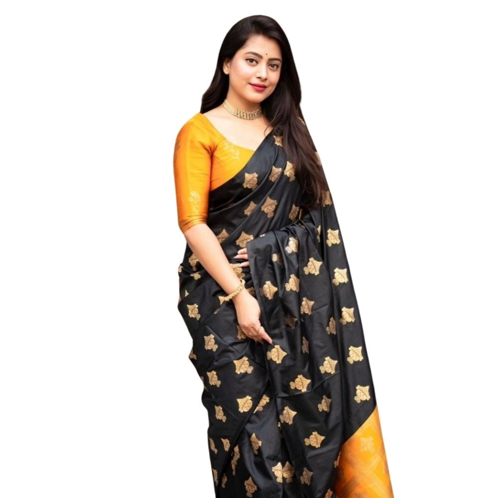 Yellow silk printed saree with unstitched blouse (5.5mtr), vibrant floral design for traditional Indian wear