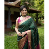 Green silk printed saree with unstitched blouse, 5.5Mtr length