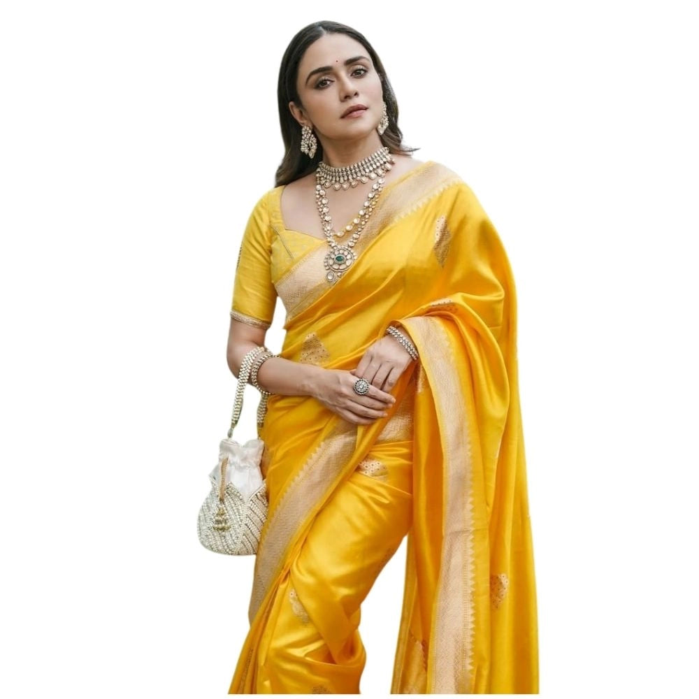 Yellow silk printed saree with unstitched blouse (5.5mtr), luxury Indian women's wear on mannequin