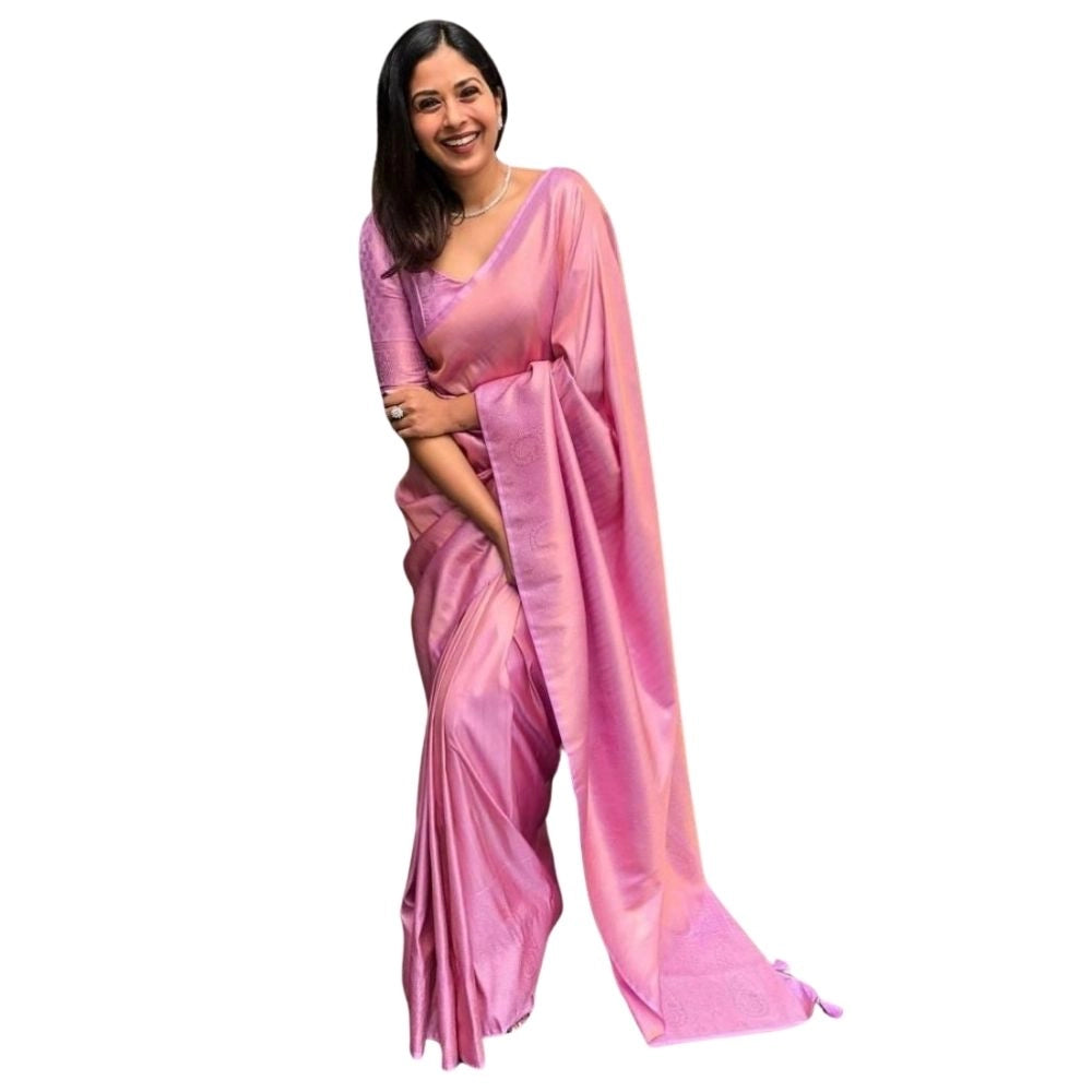 Pink silk printed saree with unstitched blouse (5.5mtr), vibrant floral design for traditional Indian wear