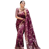 Women's wine silk printed saree with unstitched blouse (5.5mtr), intricate design on display