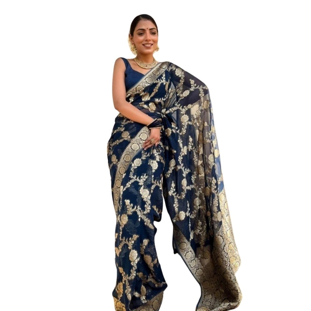 Dark blue silk printed saree with unstitched blouse (5.5mtr), luxury Indian women's wear on mannequin