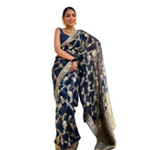 Dark blue silk printed saree with unstitched blouse (5.5Mtr), elegant Indian fashion accessory on hanger