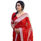 Red cotton printed saree with unstitched blouse (5.5Mtr), vibrant Indian traditional wear