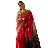 Red cotton printed saree with unstitched blouse (5.5mtr) on mannequin