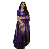 Purple silk printed saree with unstitched blouse (5.5mtr), luxurious Indian women's wear on mannequin