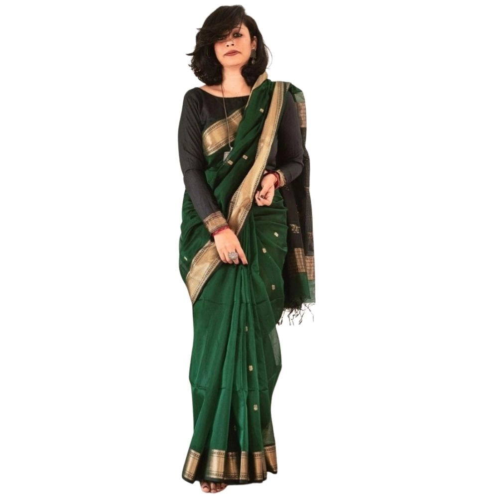 Dark green silk printed saree with unstitched blouse (5.5mtr), traditional Indian attire on mannequin