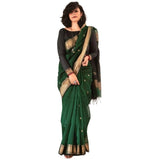 Dark green silk printed saree with unstitched blouse (5.5mtr), traditional Indian attire on mannequin
