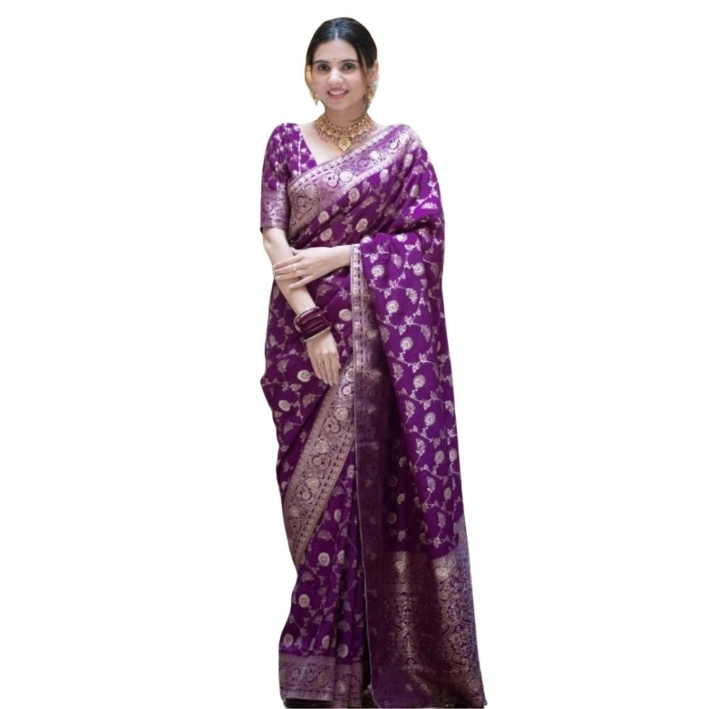 Purple silk printed saree with unstitched blouse (5.5Mtr), vibrant pattern for traditional Indian wear