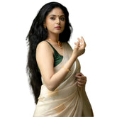 Off-white silk printed saree with unstitched blouse, intricate pattern detail on 5.5mtr length