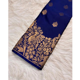 Royal Blue silk printed saree with unstitched blouse, 5.5mtr length on mannequin