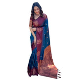 Blue silk printed saree with unstitched blouse (5.5mtr), delicate floral design on a vibrant background