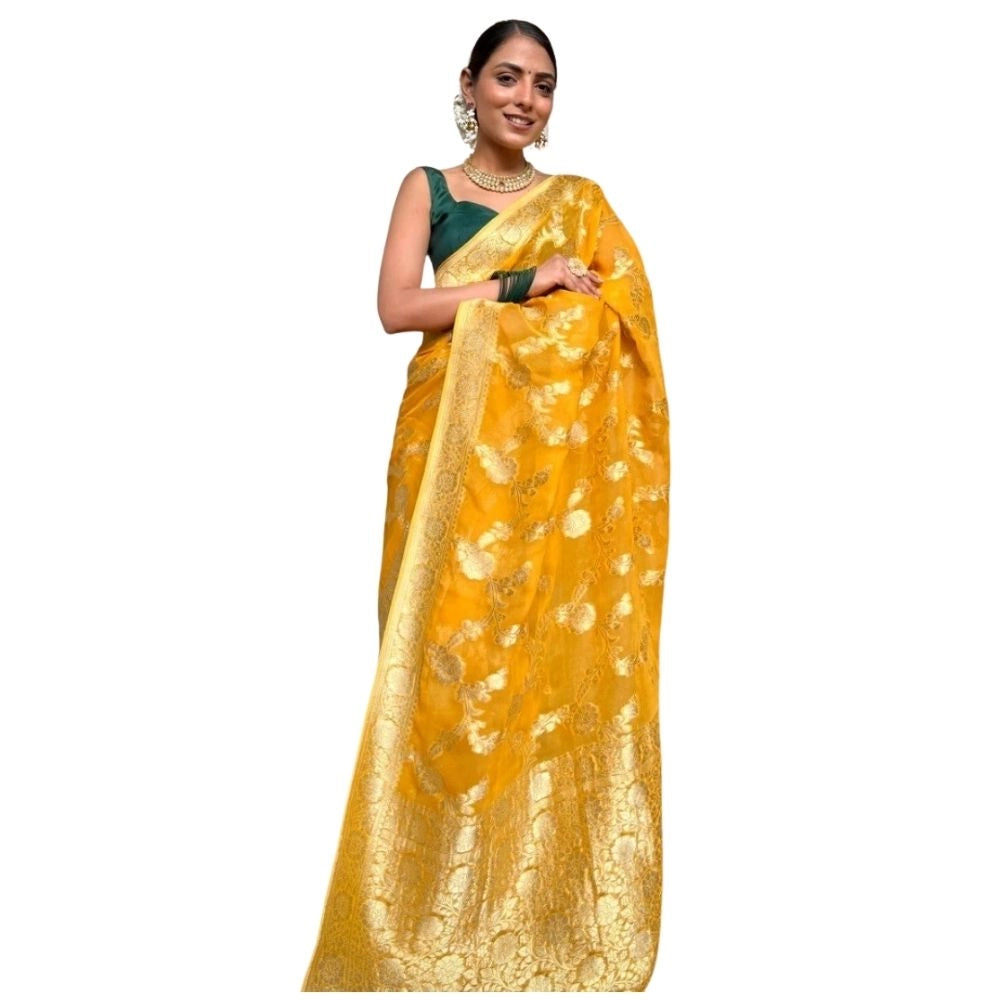 Gold yellow silk printed saree with unstitched blouse, 5.5Mtr length on model
