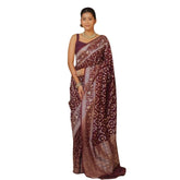 Maroon silk printed saree with unstitched blouse (5.5mtr), elegant Indian wear on mannequin