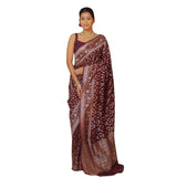 Maroon silk printed saree with unstitched blouse (5.5mtr), elegant Indian wear on mannequin