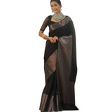 Black silk printed saree with unstitched blouse (5.5mtr) on mannequin for Indian women's traditional wear