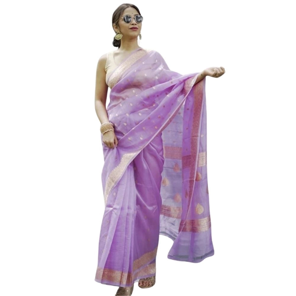 Lavender cotton printed saree with unstitched blouse (5.5Mtr), traditional Indian women's attire on mannequin