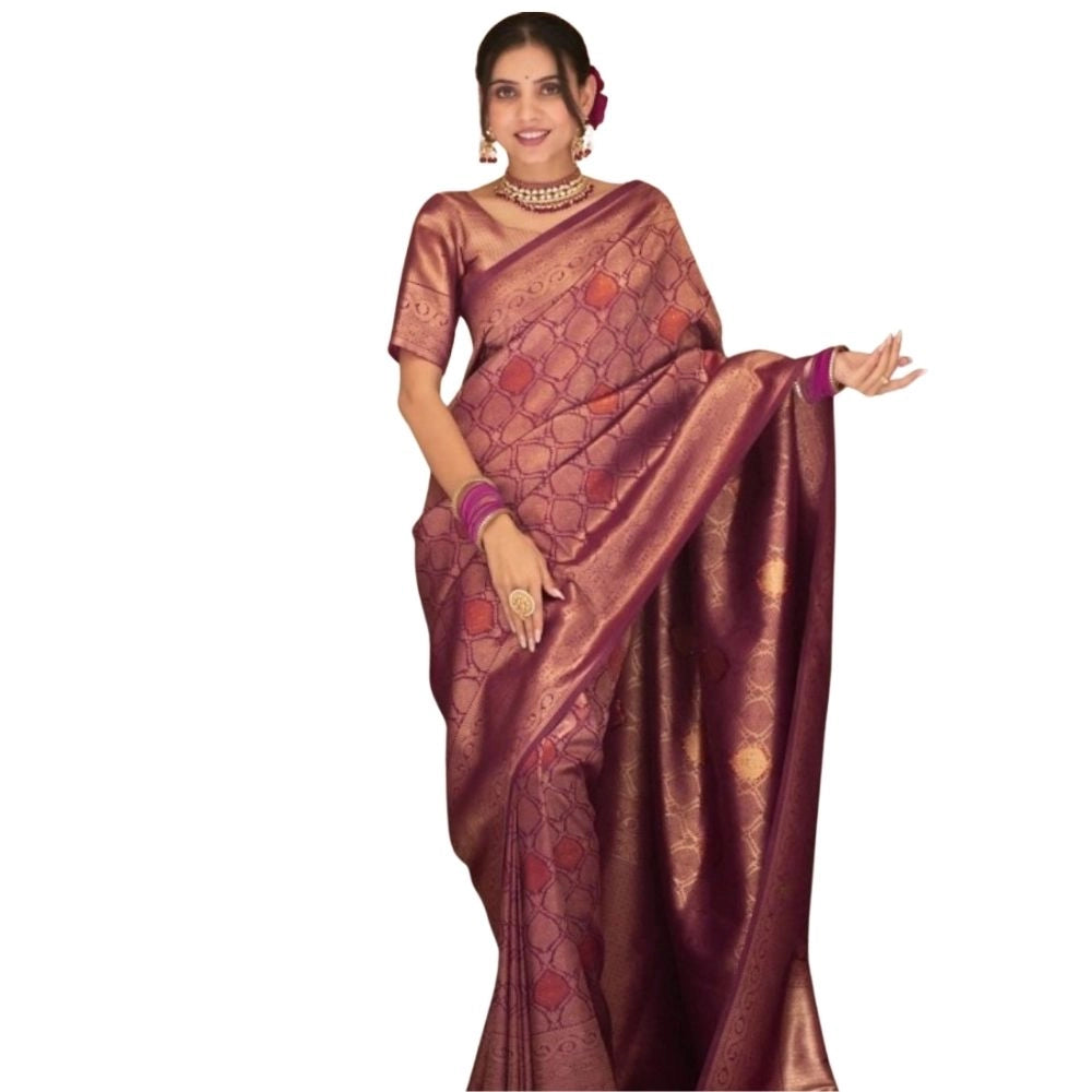 Women's wine-colored silk printed saree with unstitched blouse, 5.5mtr on mannequin
