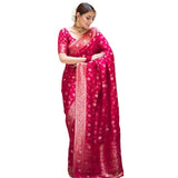 Rani Pink silk printed saree with unstitched blouse (5.5mtr), intricate floral pattern on luxurious silk fabric