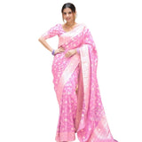 Pink silk printed saree with unstitched blouse (5.5mtr), high-quality, traditional Indian attire on mannequin