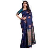 Navy blue silk printed saree with unstitched blouse on mannequin