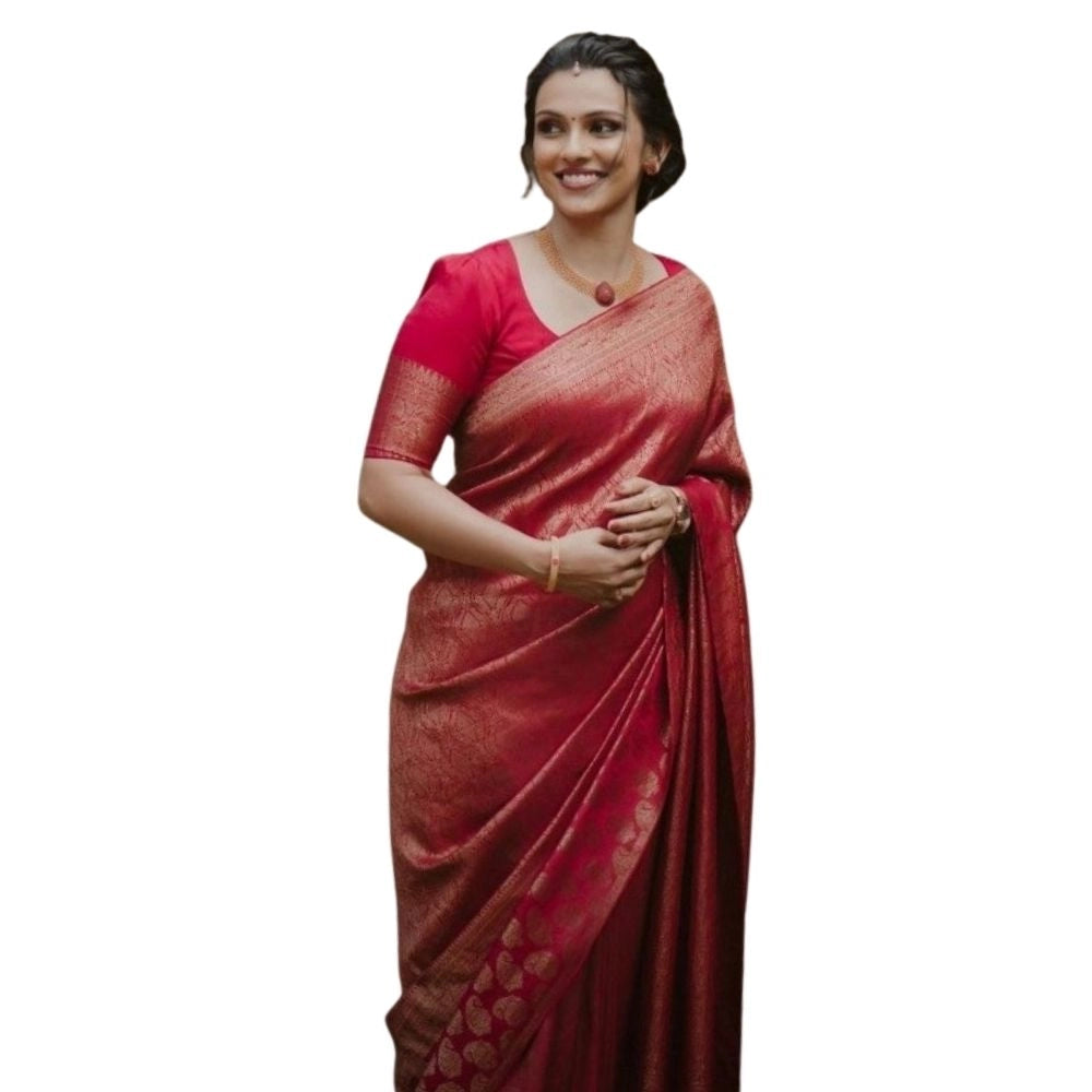 Red silk printed saree with unstitched blouse (5.5mtr), vivid floral design on display