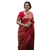 Red silk printed saree with unstitched blouse (5.5mtr), vivid floral design on display