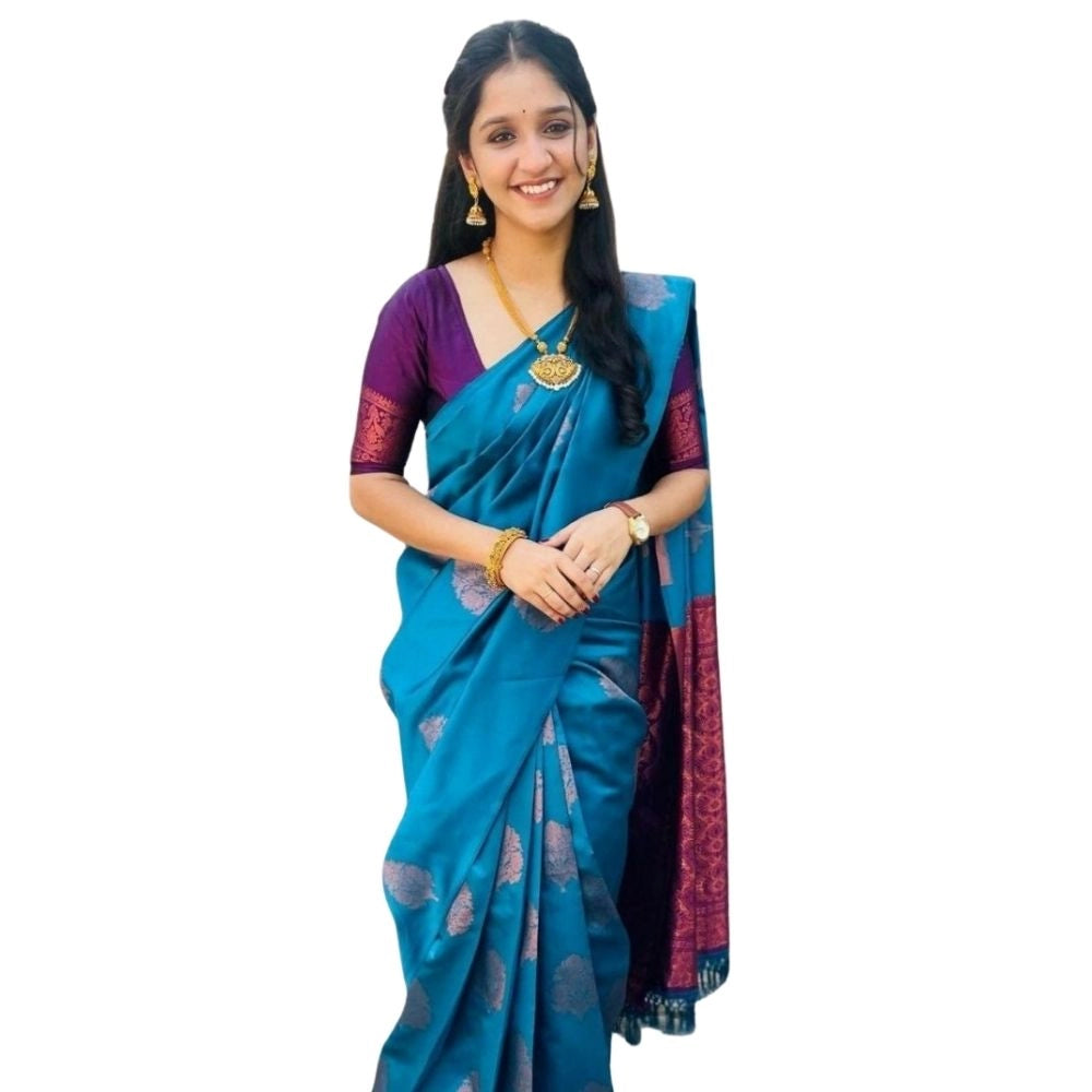 Rama-colored silk printed saree with unstitched blouse (5.5mtr), traditional Indian women's wear