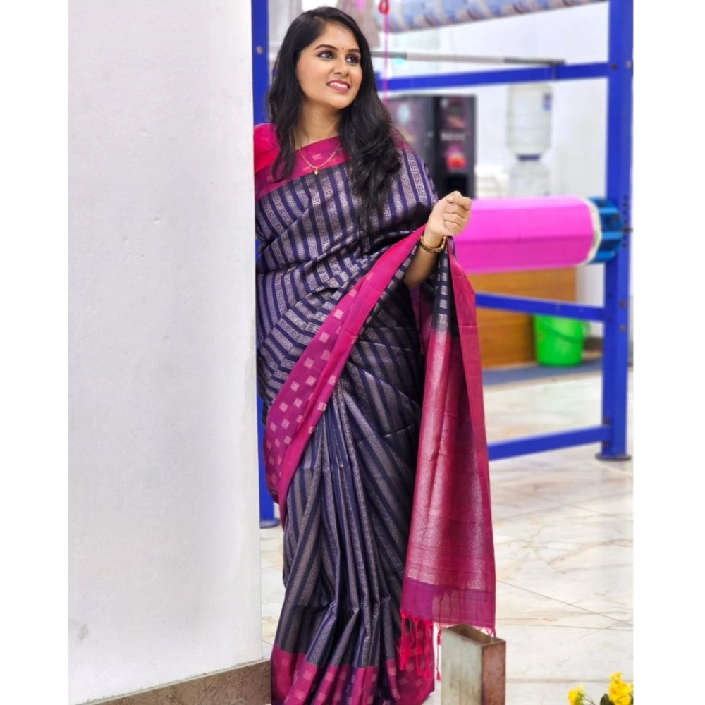 Navy blue silk printed saree with unstitched blouse (5.5mtr), ideal for traditional Indian attire