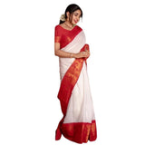 White silk printed saree with unstitched blouse (5.5mtr) on mannequin