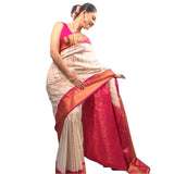 White-Pink silk printed saree with unstitched blouse, 5.5mtr length on model