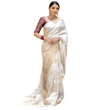 White silk printed saree with unstitched blouse (5.5Mtr) on mannequin