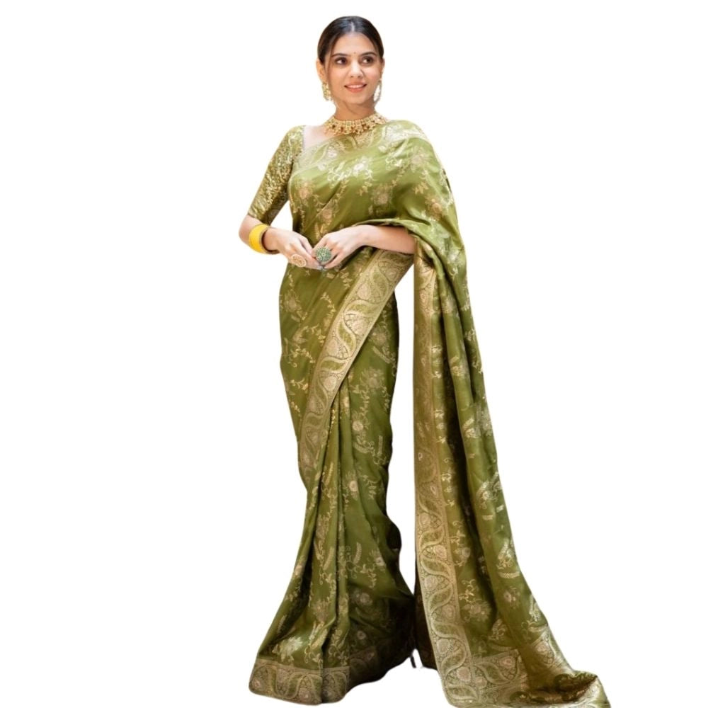 Olive green silk printed saree with unstitched blouse (5.5Mtr) on model, vibrant floral design