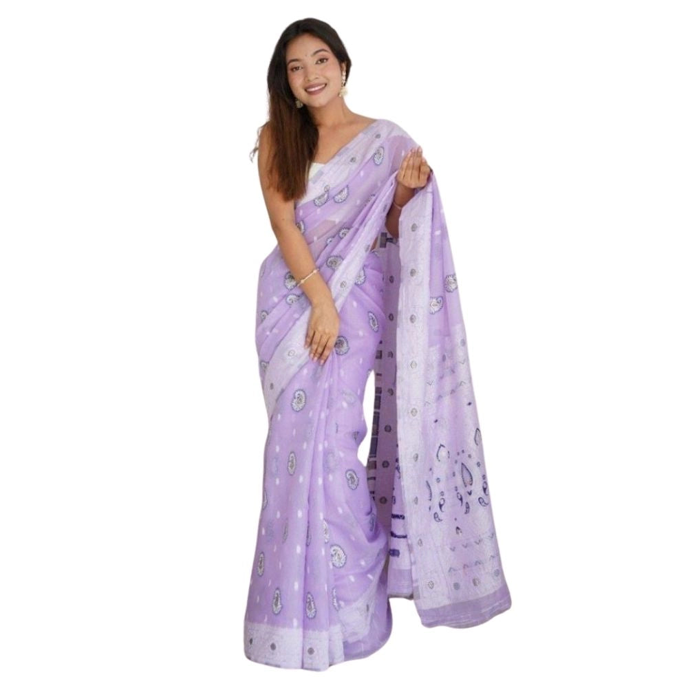 Lavender cotton printed saree with unstitched blouse (5.5mtr), showcases vibrant floral pattern